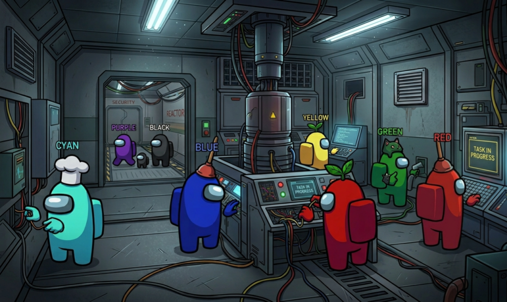 Among Us crewmates and impostor multiplayer match